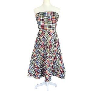 Y2K J. CREW Madras Plaid Patchwork Mini Dress Sz 8 S/M Strapless Colorful Preppy